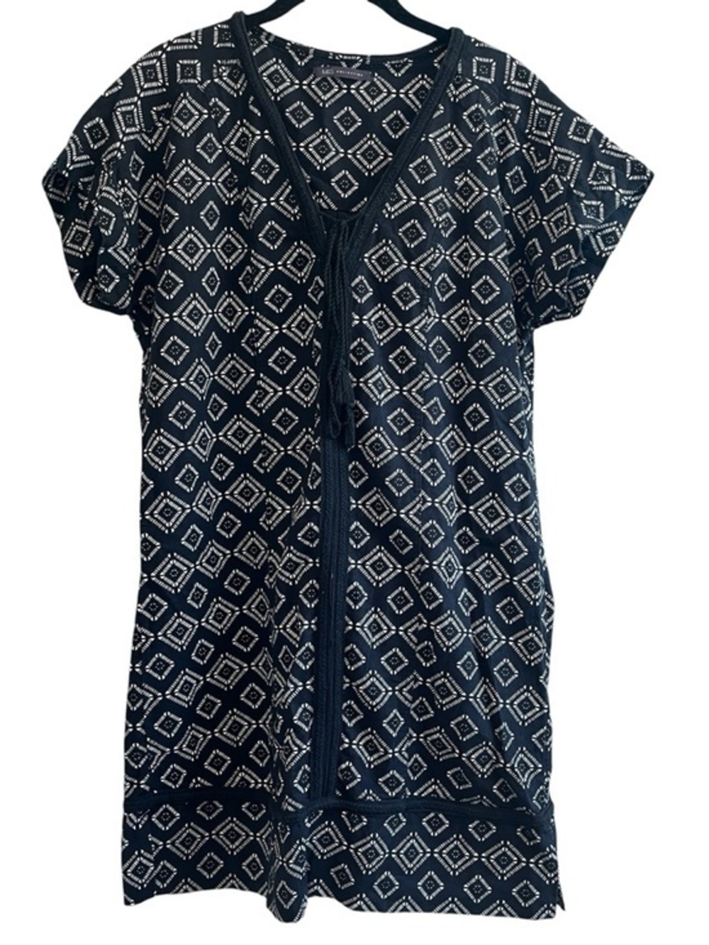M&S Linen Blend Shift Dress UK 12  US 8 Black White Print Lace Trim Resort